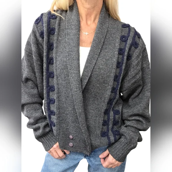 The Villager 1X Vintage 80s Wool Cardigan Shawl Collar Shoulder Pads Oversize - Picture 2 of 9